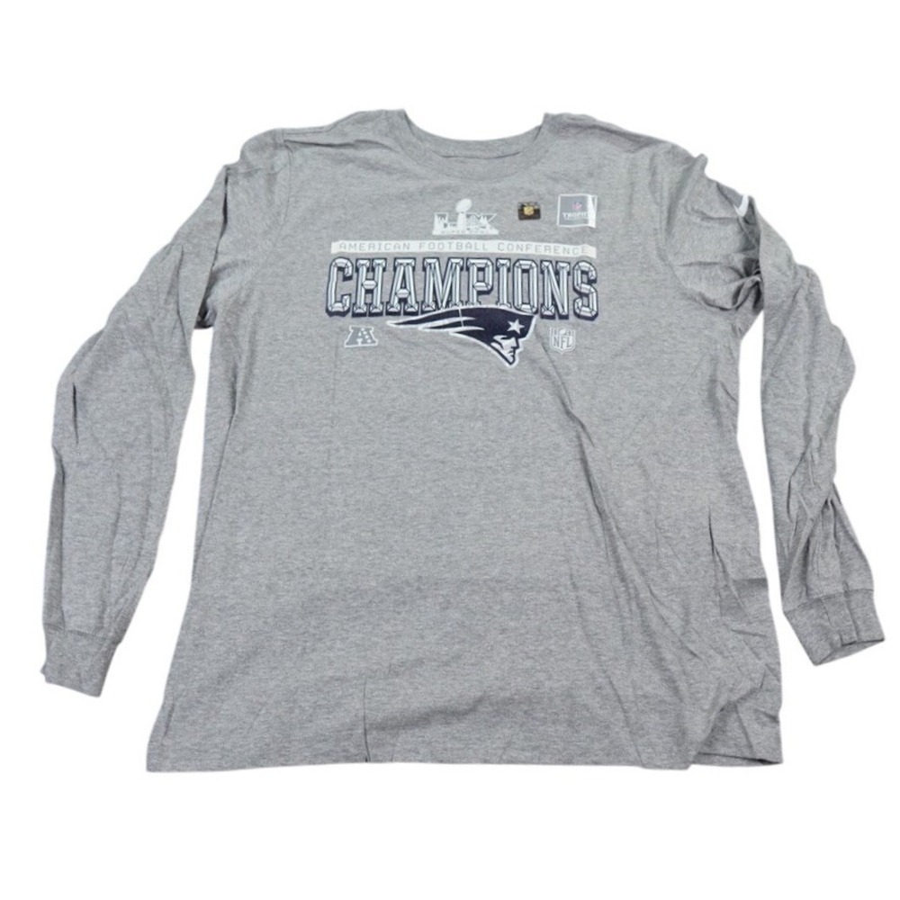 Nike Patriots Long Sleeve Shirt Mens XL Gray AFC Champions Super Bowl 50 Logo